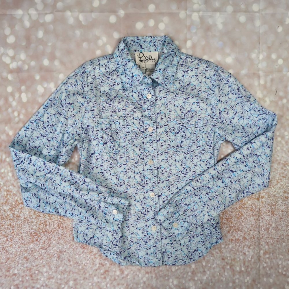 Lilly Pulitzer Vintage Blue Floral Button Down Long Sleeve Blouse, Women's Small